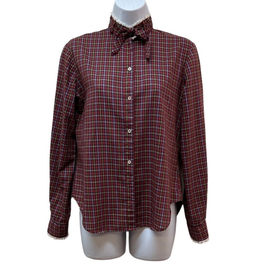 Stuart Lang Vintage Plaid Lace Trim Bow Neck Blouse Red Blue Victorian Size 9/10